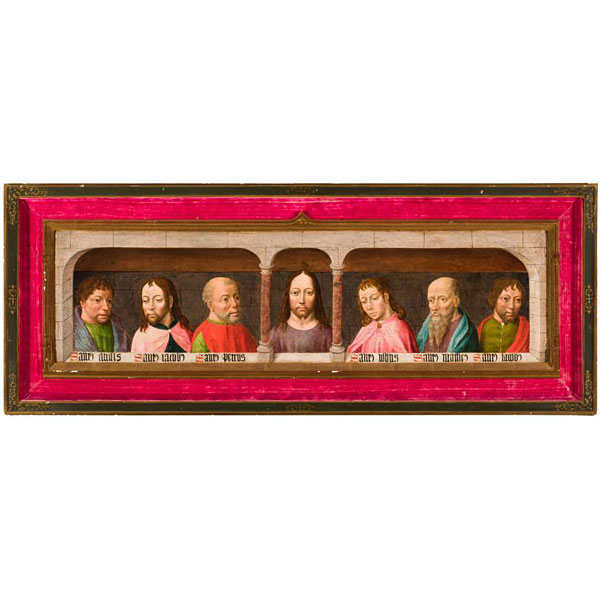 Maestro de la Colección Pacully  "Cristo y seis Apóstoles en la Última Cena". Óleo sobre tabla.
