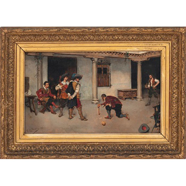 VICENTE CUTANDA  (Madrid 1850-1925) "Mosqueteros jugando a los bolos" Firmado: V. Cutanda 88  Óleo / Tabla