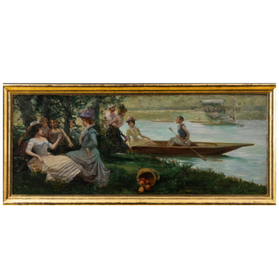 Pintura al óleo representando personajes junto a un río. Siglo XIX-XX? 