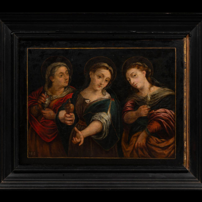 Pintura antigua representando a tres mujeres. En óleo sobre lienzo? y con marco de madera.
