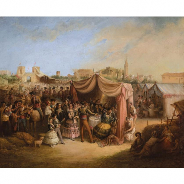 Manuel Rodríguez de Guzmán (1818 - 1867) "Feria de Sevilla". Óleo sobre lienzo. Firmado en el ángulo inferior izquierdo.