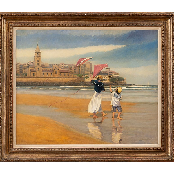 CARLOS COBIÁN Mujer y niño con cometa en la playa