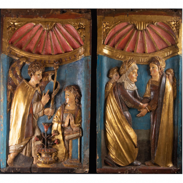 Importante pareja de Relieves representando La Anunciación y la Visitación, escuela Colonial del siglo XVI, posiblemente Nueva España. 