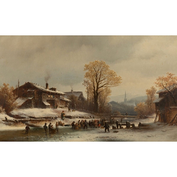 ANTON DOLL MUNCHEN  (1826 - 1886) "Personajes en el pueblo nevado"