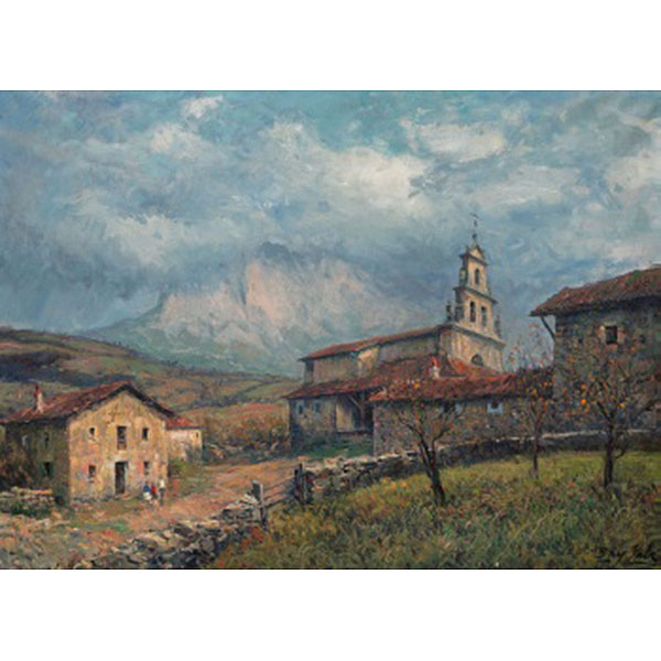JUAN BAYÓN SALADO "BAY-SALA"  (Logroño 1913 - Bilbao 1995) "Paisaje con iglesia, caseríos y personajes"