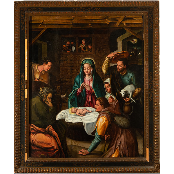 Grande e Importante óleo sobre tabla representando la Adoración de Pastores, a la manera de Juan Correa de Vivar, Escuela Renacentista española del siglo XVI.