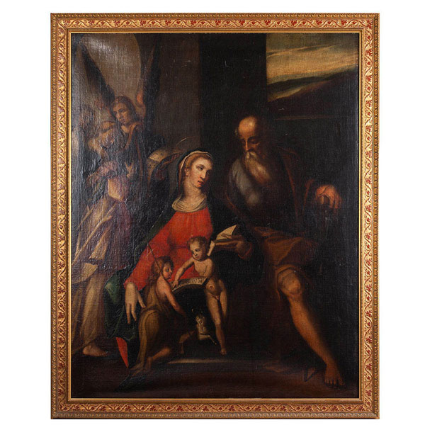 ESCUELA ESPAÑOLA del s XVII. "Sagrada Familia con San Juan Bautista". Óleo s/lienzo.