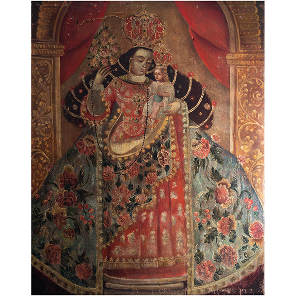 Importante Virgen del Rosario, escuela colonial de Cuzco, siglo XVII.