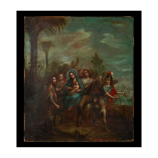 Nicolás Enríquez (1722-1787), gran cobre pintado al óleo, "Descanso en la Huída a Egipto", firmado, escuela colonial mexicana del siglo XVIII.