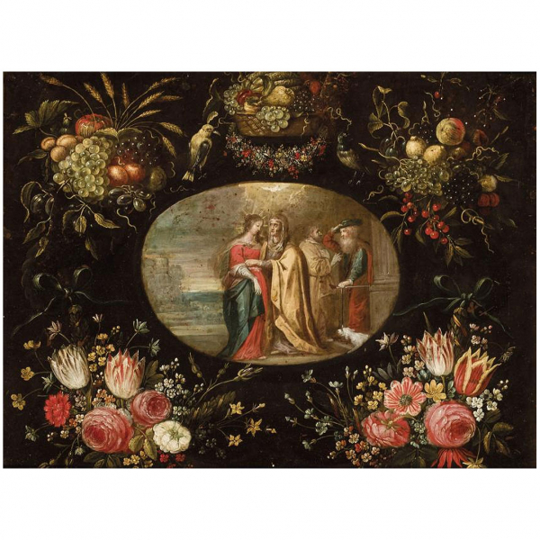 JAN BRUEGHEL EL JOVEN / FRANS FRANKEN III (1601 - 1678) "Visita a la Virgen con orla de flores". Óleo sobre cobre.