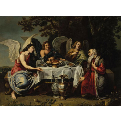 Seguidor de Willem van Herp (S. XVII)  &quot;Abraham y los tres ángeles&quot;. Óleo sobre cobre.