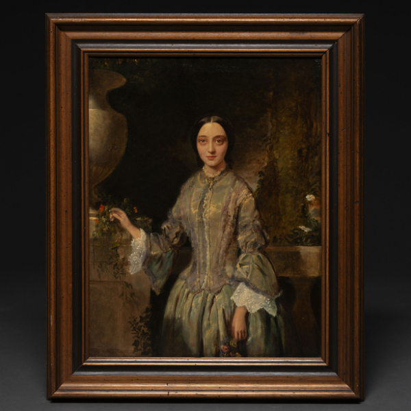 "Dama en el jardín"  Autoría: ALFRED MUDGE (1883 -1940) Escuela Inglesa, Siglo XIX 