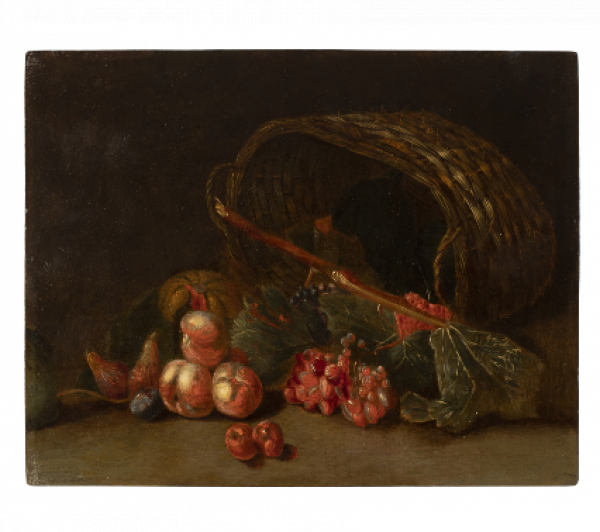 PIETER SNYERS (Amberes, 1681-1752)  Pareja de naturalezas muertas con cerezas, melocotones, uvas, higos y cestos 