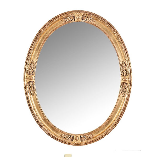 Espejo oval de madera tallada y dorada con oro fino de 24 qts. de estilo isabelino 