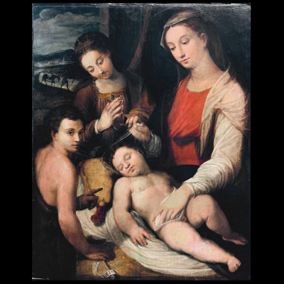 Escuela Renacentista Italiana del siglo XVI, pintor cercano a Pietro Giampetrino. María y el Niño Jesús junto a Santa Catalina y San Juanito.
