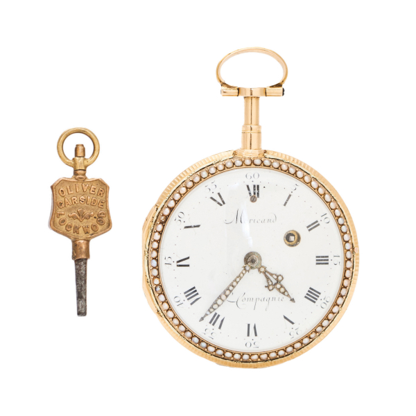 Reloj lepine de bolsillo Moricand & Degrange en oro, segundo cuarto del s. XIX. Esfera de porcelana con numeración romana.