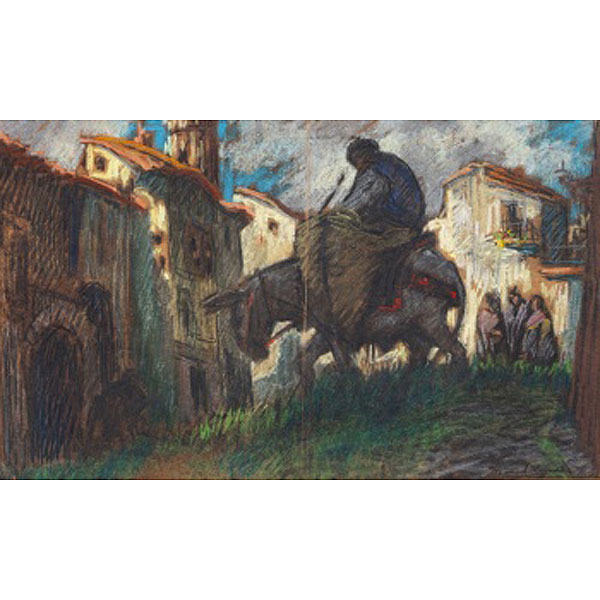 MANUEL LOSADA  (Bilbao 1865 - 1949) "Pueblo rural con mujeres en campesino a lomos del burro "