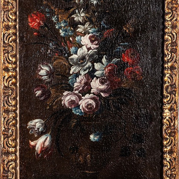 Anónimo español S.XVII "Florero con rosas, tulipanes y claveles sobre una repisa"