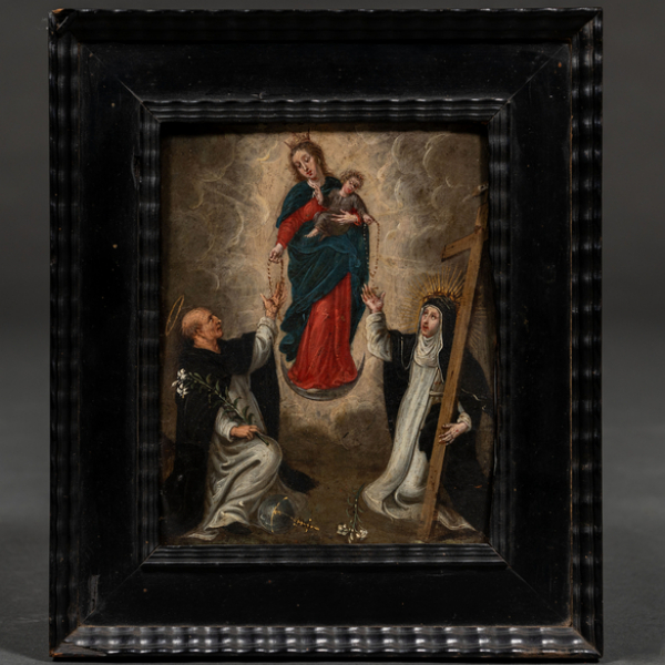 "Virgen del rosario con santo domingo de Guzmán y Santa Catalina de Siena"   Escuela Española, Siglo XVIII