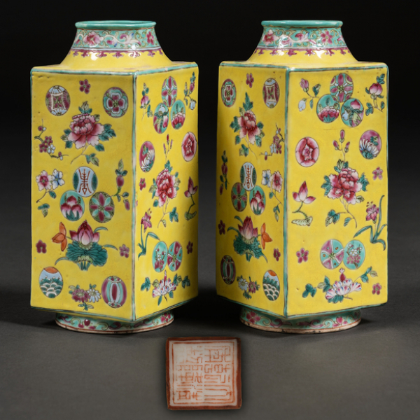 Pareja de jarrones en porcelana china familia amarilla del siglo XIX