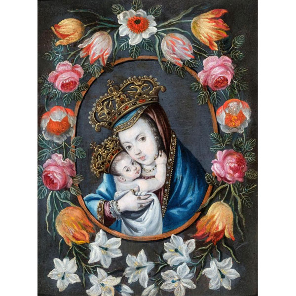 Escuela Española S. XVII.  "Virgen con Niño". Óleo sobre tabla.