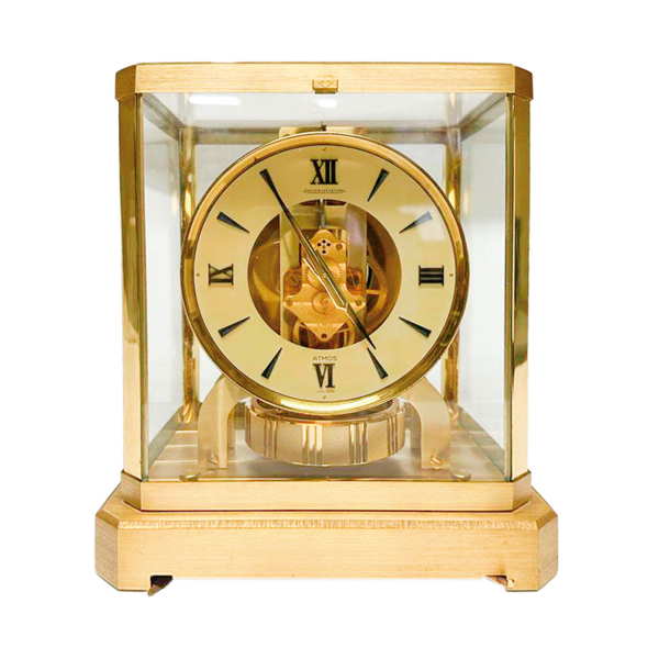 Reloj suizo de sobremesa modelo Atmos de la casa Jaeger LeCoultre con caja en metal dorado y cristal, c.1970.