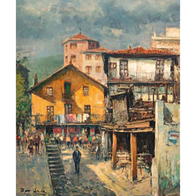 JUAN  BAYÓN SALADO &quot;BAY-SALA&quot;  (Logroño 1913 - Bilbao 1995) &quot;Vista de Deusto con personajes &quot;
