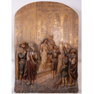 Relieve en Madera Policromada representando la venta de una Esclava a las puertas de la Catedral de Sevilla, escuela sevillana del siglo XVIII. 