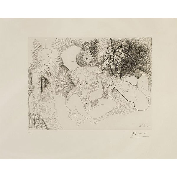 Pablo Ruiz Picasso. "Degas y dos chicas, una de ellas transformándose en obra de arte (1971)". Aguafuerte 