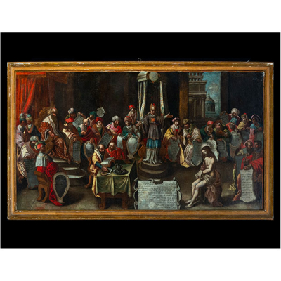 Importante Óleo sobre lienzo representando el Juicio de Jesús ante el Sanedrín, maestro primitivo Lombardo del Norte de Italia del siglo XVI - principios del siglo XVII.