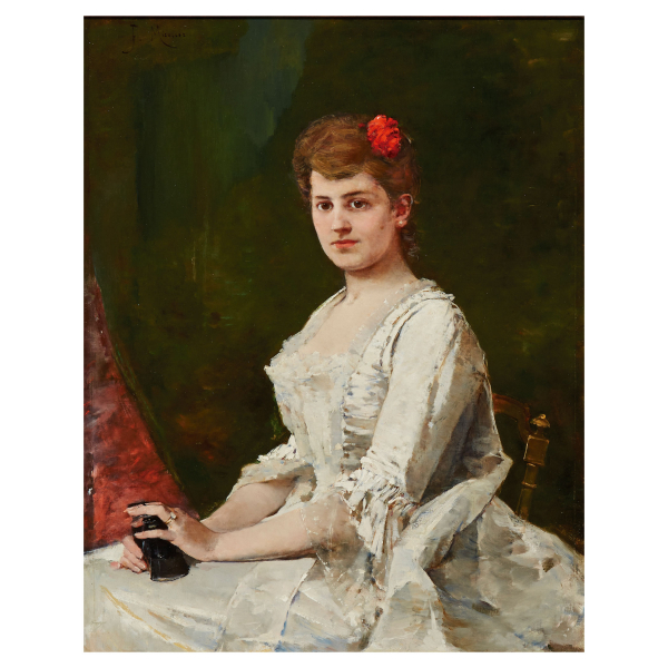 Francisco Miralles Galup (Valencia, 1848-Barcelona, 1901) La jeune femme de qualité. En el palco. Óleo sobre tela. Firmado.