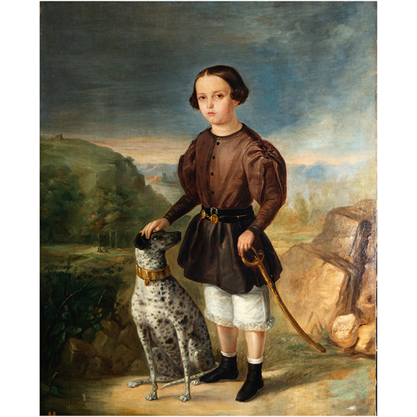 Importante retrato de Niña con Perro, Bernardo López, Escuela española del siglo XIX.