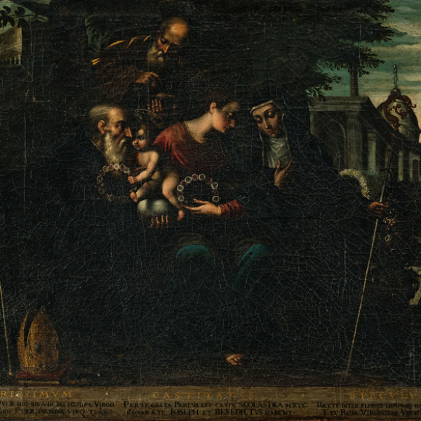 &quot;Sagrada Familia con Santa y padres de la Iglesia&quot;   ESCUELA ITALIANA, Siglo XVII