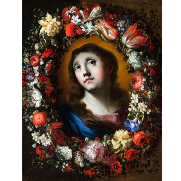 Escuela Italiana S. XVII.  "Virgen con orla de flores". Óleo sobre tabla.