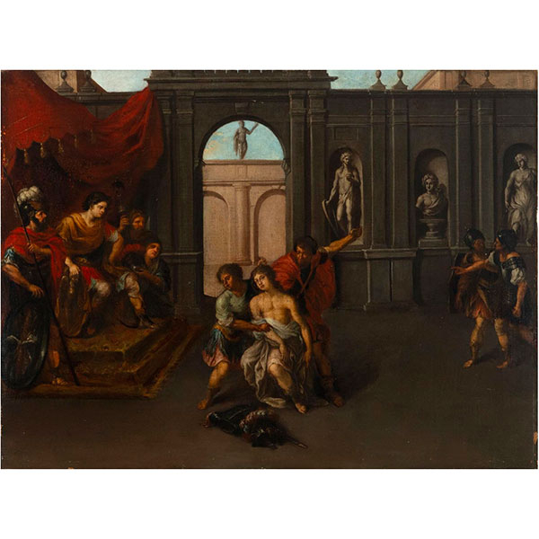 Importante Óleo sobre lienzo representando la Degradación de San Sebastián, Escuela Italiana Romana del siglo XVII. 