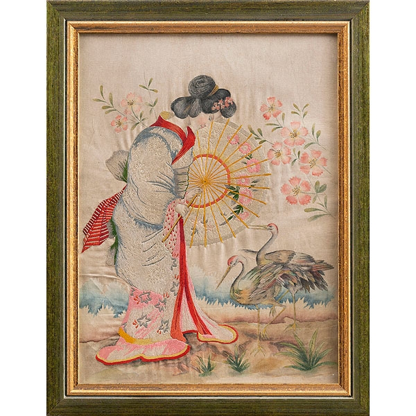 &quot;Dama con sombrilla y garzas&quot; Seda china . Trabajo Chino, Siglo XIX 