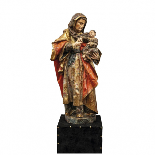 Escuela Española S. XVI - XVII.   "Santa Ana y la Virgen Niña". Talla en madera policromada y dorada.