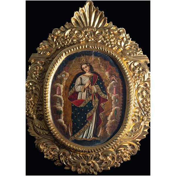 Importante Virgen Inmaculada sobre tabla, escuela colonial Novohispana del siglo XVIII 