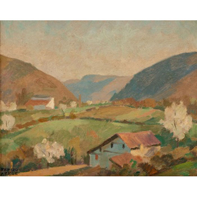 RAMIRO ARRÚE  (Bilbao 1892 - San Juan de Luz 1971) &quot;Paisaje montañoso con caseríos&quot;