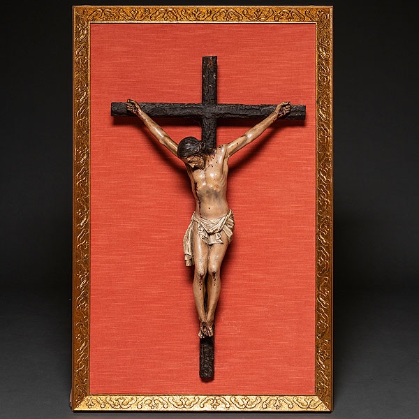 &quot;Cristo en la Cruz&quot; Escultura de bulto redondo en madera tallada y policromada. Trabajo Español, Siglo XVIII 