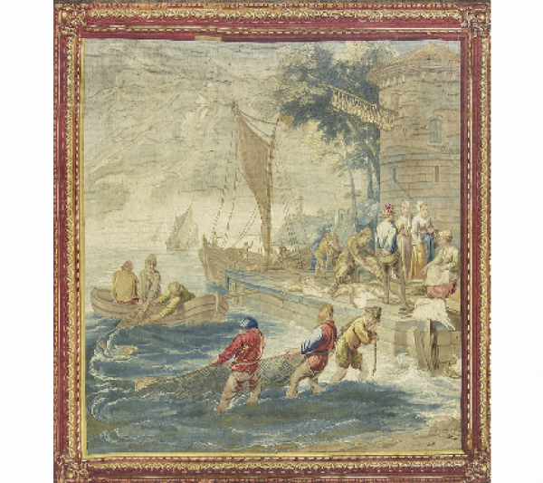 "Pescadores en el muelle". Tapiz en lana y seda con escena de puerto a la manera de Teniers. Bruselas, mediados del S. XVIII.