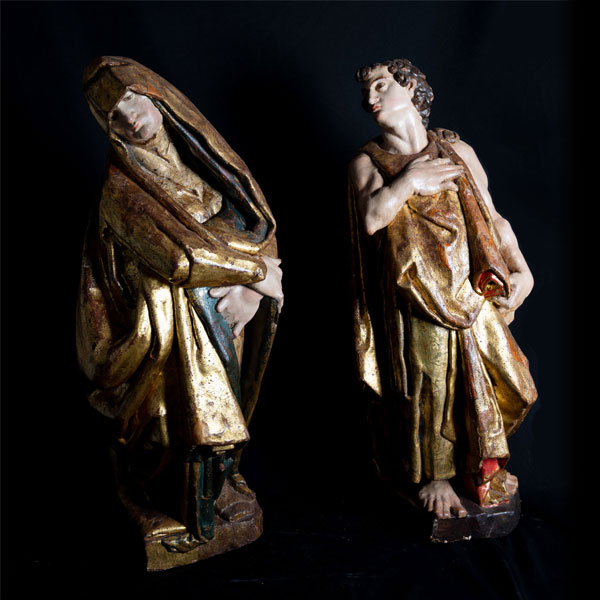 Gran Pareja escultórica de María Dolorosa y San Juan procedentes de un Calvario, manera de Arnao de Bruselas (1536-1564), escuela Hispano Flamenca del siglo XVI. 