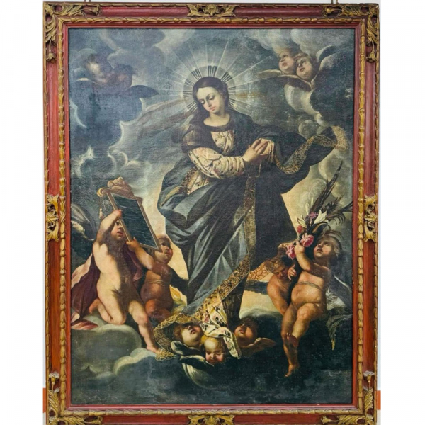 Grande y Monumental Inmaculada en Gloria con marco antiguo de la época, siglo XVII, Pedro Anastasio Bocanegra (Granada, 1638 - 1689)​.