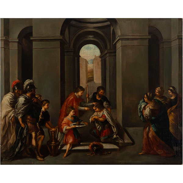 Importante Óleo sobre lienzo representando escenas el Apresamiento de San Sebastián, Escuela Italiana Romana del siglo XVII. 
