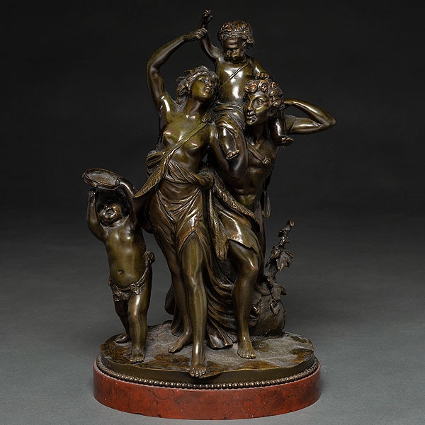 "Baco con Sátiros"Grupo escultórico en bronce pavonado, Trabajo francés, Siglo XIX