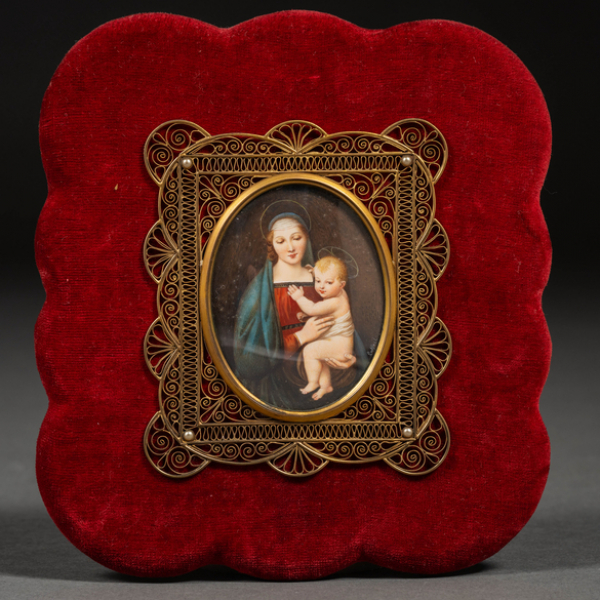 &quot;Virgen con niño&quot; Miniatura pintada al óleo sobre placa de marfil.  Escuela Italiana del siglo XIX189