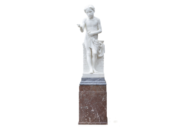 Ni&ntilde;o, con un pa&ntilde;o.  M&aacute;rmol blanco, sobre peana de m&aacute;rmol. Firmado C. Nicoli. Sculp.  Escuela Italiana, Carlo Nicoli y Manfredi, Carrara, (1843-1915). 