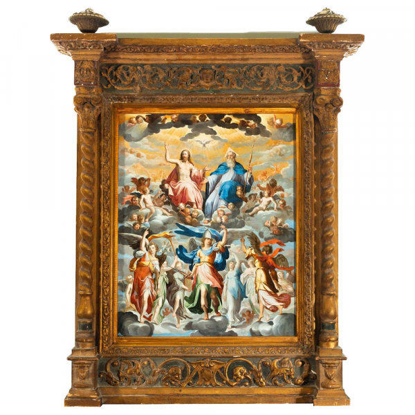 "Arc&aacute;ngel San Miguel Rodeado de &Aacute;ngeles frente a Dios Padre, Jesucristo y el Esp&iacute;ritu Santo", a la manera de Bernardo Bitti, escuela posiblemente colonial Peruana, siglo XVII. 