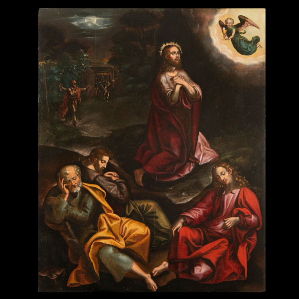 JUAN FERNANDEZ NAVARRETE (Logroño, c., 1538-Toledo, 1579), Gran óleo sobre tabla de Oración en el Huerto