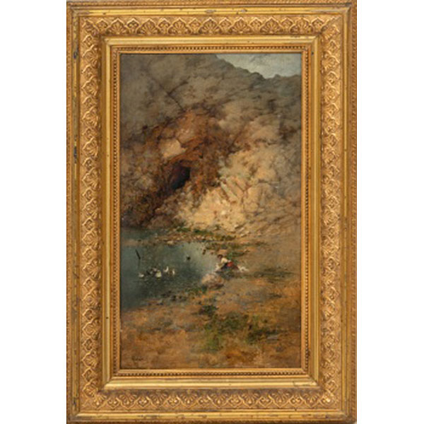 JUAN  ALDAZ SANCHEZ   (Puerto de Santa María, Cádiz 1860 - Sevilla 1912)  "Lavandera en el río"  Firmado: Aldaz  Óleo / Lienzo 